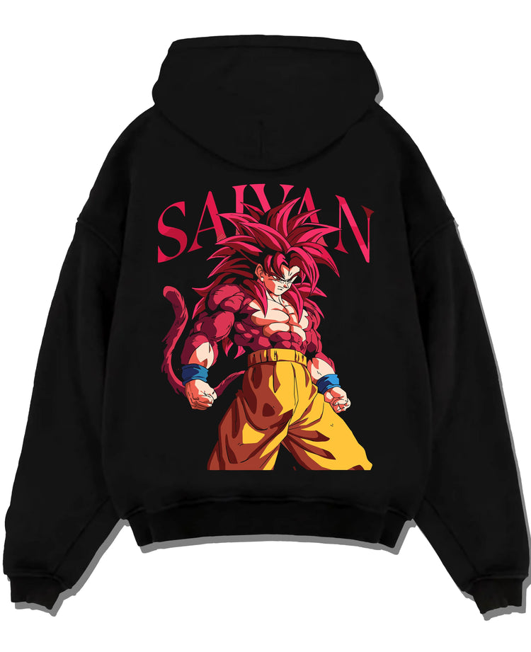 Black pullover hoodie laid flat with Dragon Ball Z Hoodie Goku Super Saiyan 4 Jumper graphic Goku themed artwork.