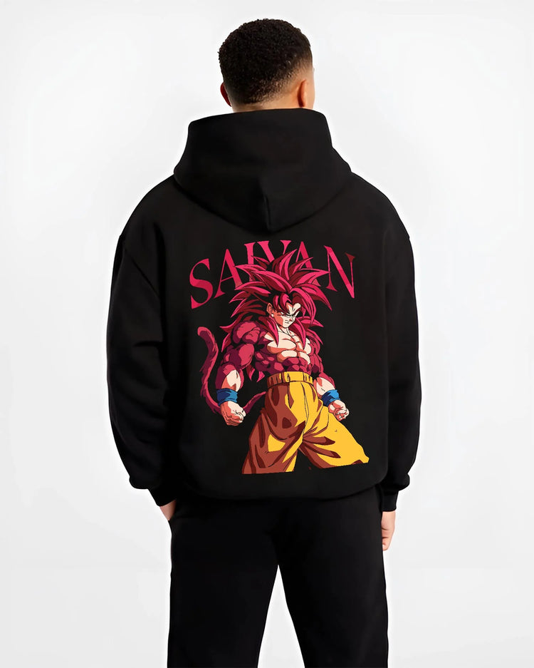 Black hoodie worn by male model, back view with Dragon Ball Z Hoodie Goku Super Saiyan 4 Jumper graphic bold anime graphic.