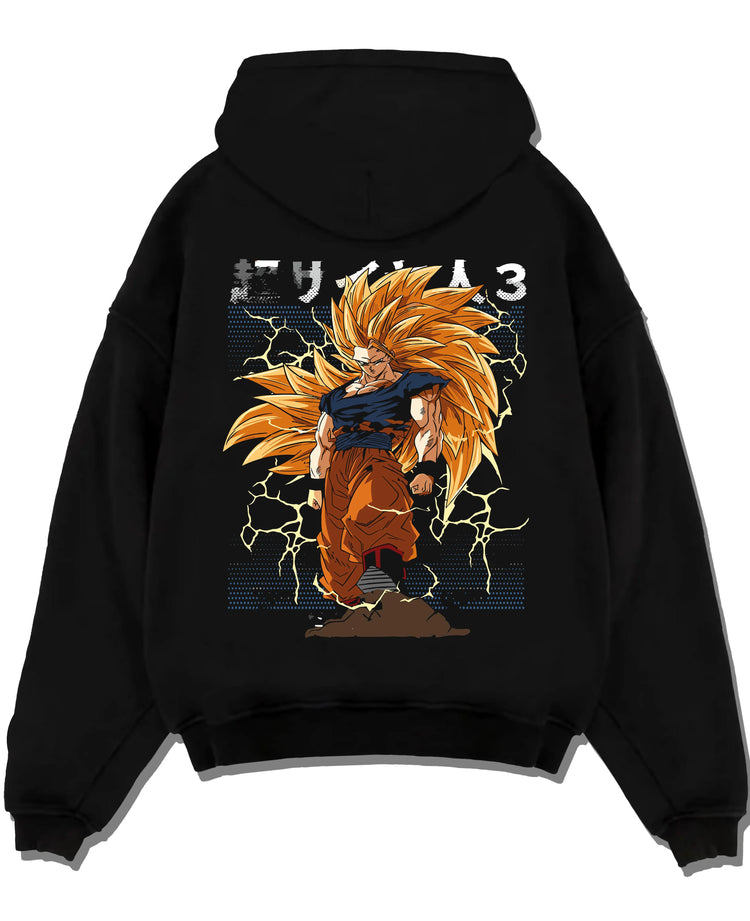 Black pullover hoodie laid flat with Dragon Ball Z Hoodie Goku Super Saiyan 3 Jumper graphic bold anime graphic.