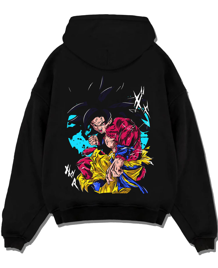 Black pullover hoodie laid flat with Dragon Ball Z Hoodie Goku Super Saiyan 4 Power Jumper graphic bold anime graphic.
