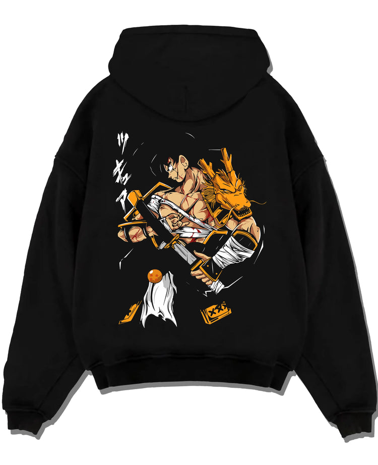 Black pullover hoodie laid flat with Dragon Ball Z Hoodie Goku Vegeta Epic Clash Jumper graphic bold anime graphic.