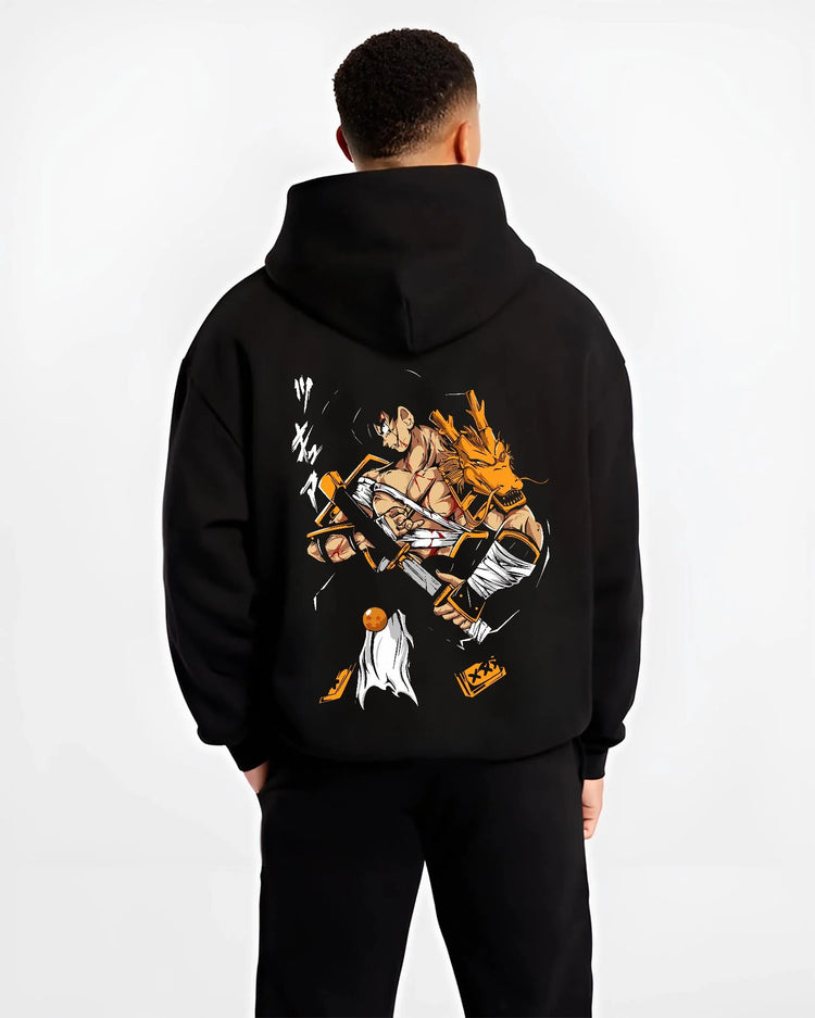 Black hoodie worn by male model, back view with Dragon Ball Z Hoodie Goku Vegeta Epic Clash Jumper graphic streetwear graphic.
