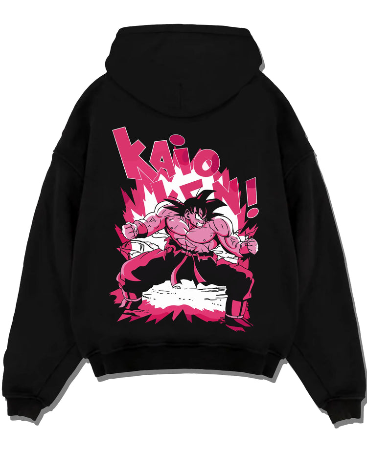 Black pullover hoodie laid flat with Dragon Ball Z Hoodie Goku Kaio Ken Power Jumper graphic Goku themed artwork.
