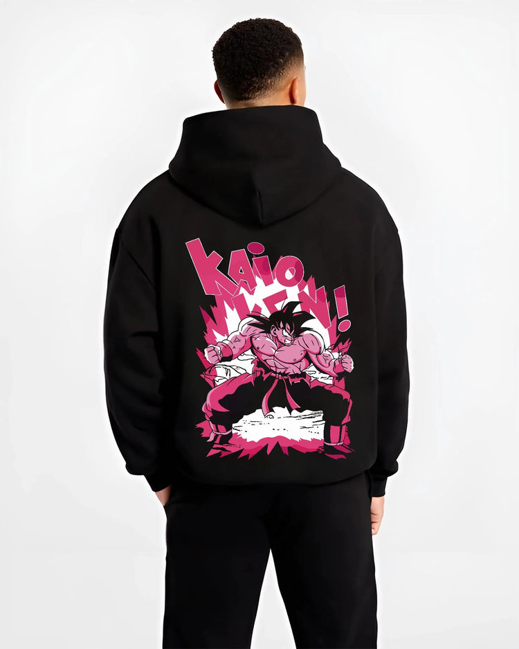 Black hoodie worn by male model, back view with Dragon Ball Z Hoodie Goku Kaio Ken Power Jumper graphic streetwear graphic.