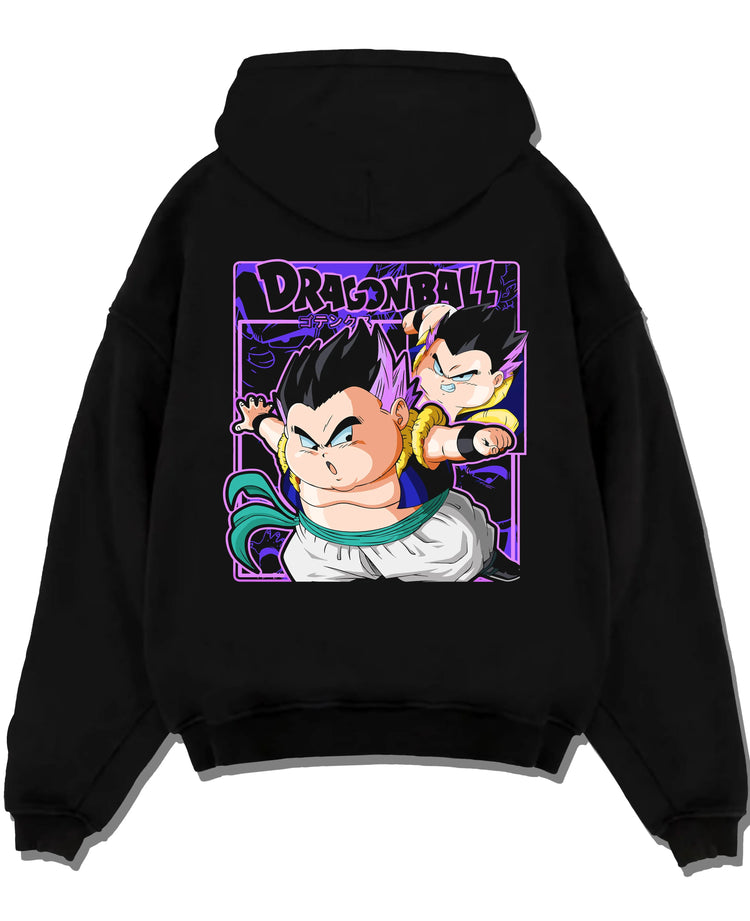 Black pullover hoodie laid flat with Dragon Ball Z Hoodie Goten Trunks Fusion Dance Jumper graphic bold anime graphic.