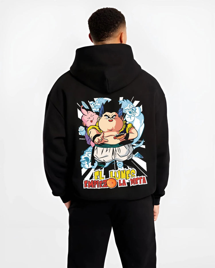 Black hoodie worn by male model, back view with Dragon Ball Z Hoodie Gotenks Fusion Power Jumper graphic bold anime graphic.