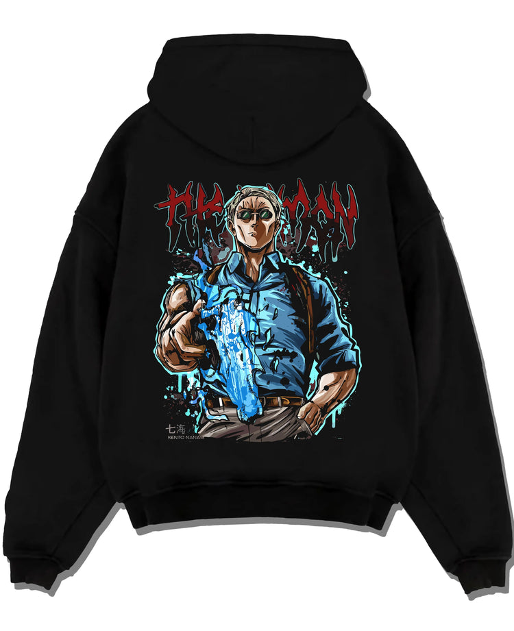 Black pullover hoodie laid flat, featuring Nanami Kento with retro manga graphic of his sorcerer blade stance from Jujutsu Kaisen.