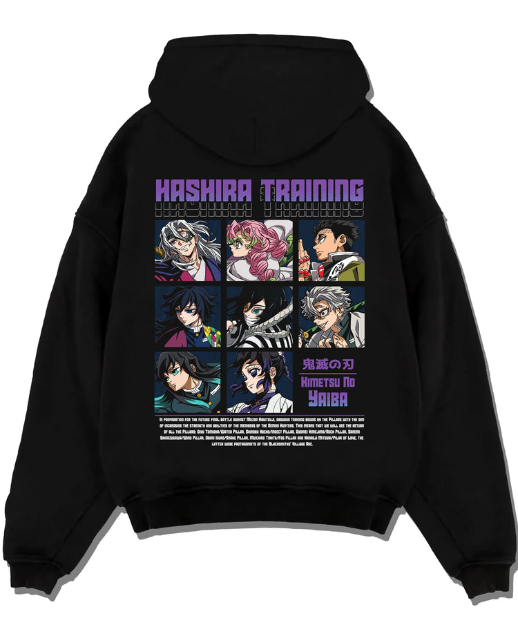 Black pullover hoodie laid flat with Demon Slayer Hoodie Hashira Training Corps Poster graphic premium wear.