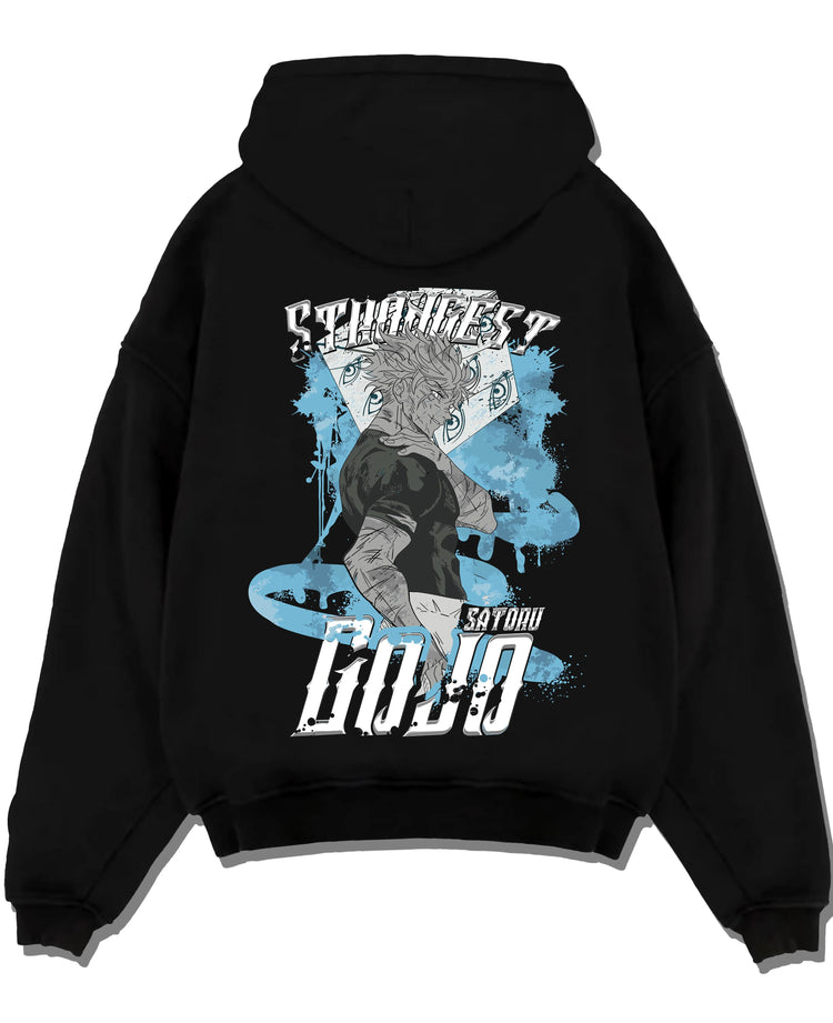 Black pullover hoodie laid flat with Jujutsu Kaisen Hoodie Satoru Gojo Strongest Sorcerer graphic streetwear graphic.