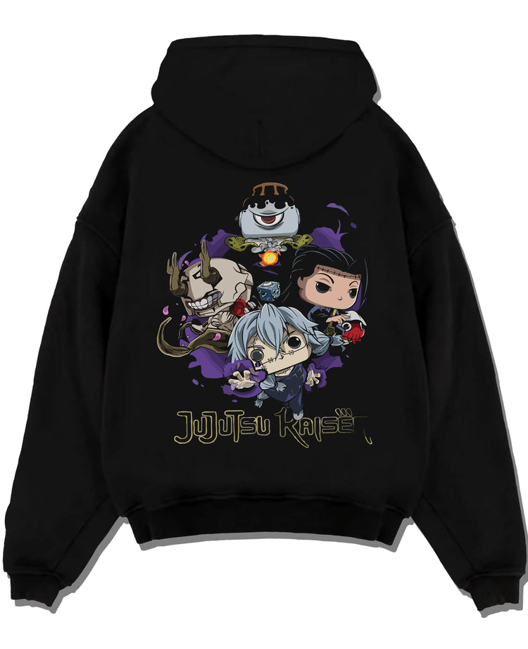 Black pullover hoodie laid flat with Jujutsu Kaisen Hoodie Pop Figure Set Gojo and Yuji graphic streetwear graphic.