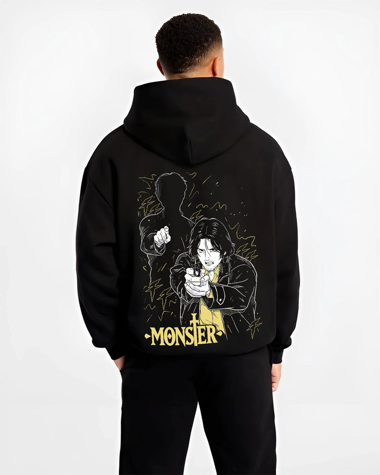 Black hoodie worn by male model, back view with Monster Hoodie Johan Dark Mystery Thriller Jumper graphic premium wear.