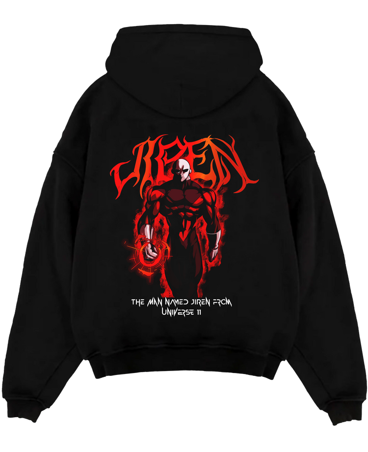 Black pullover hoodie laid flat on a white background, featuring Dragon Ball Super Jiren anime poster inspired design with fiery aura and retro manga artwork.