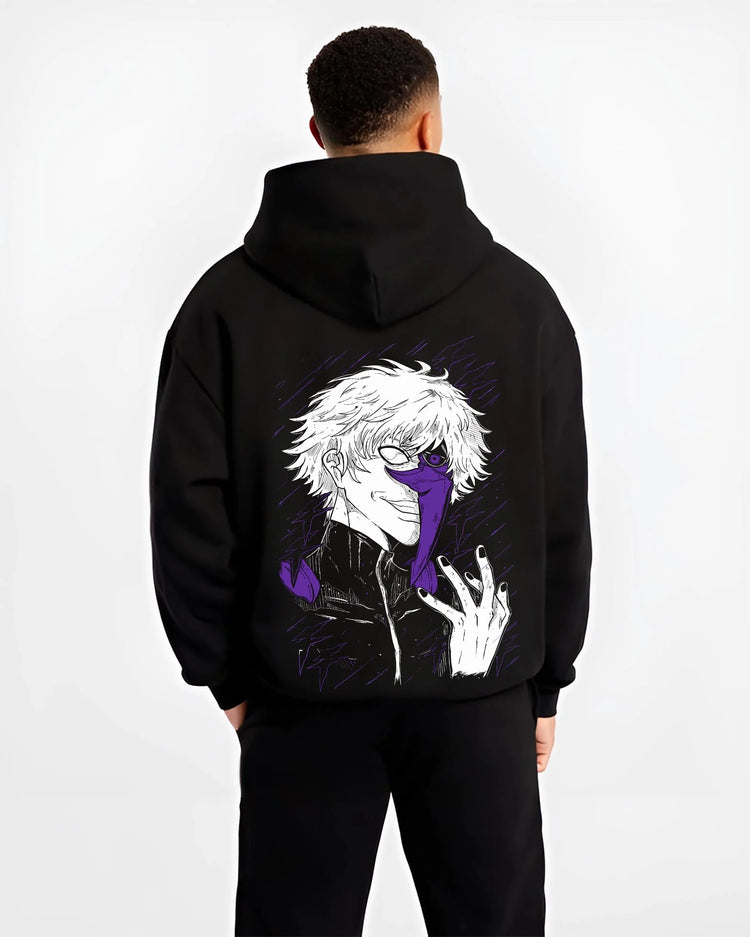 Black hoodie worn by male model, back view with Gojo Satoru Hoodie Jujutsu Kaisen Half Mask Pose graphic streetwear graphic.