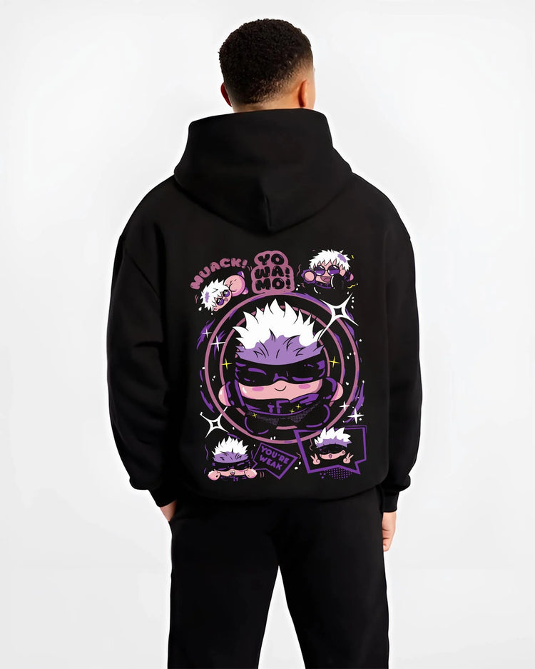 Black hoodie worn by male model, back view with Gojo Satoru Hoodie Jujutsu Kaisen Chibi Funny Faces graphic premium wear.