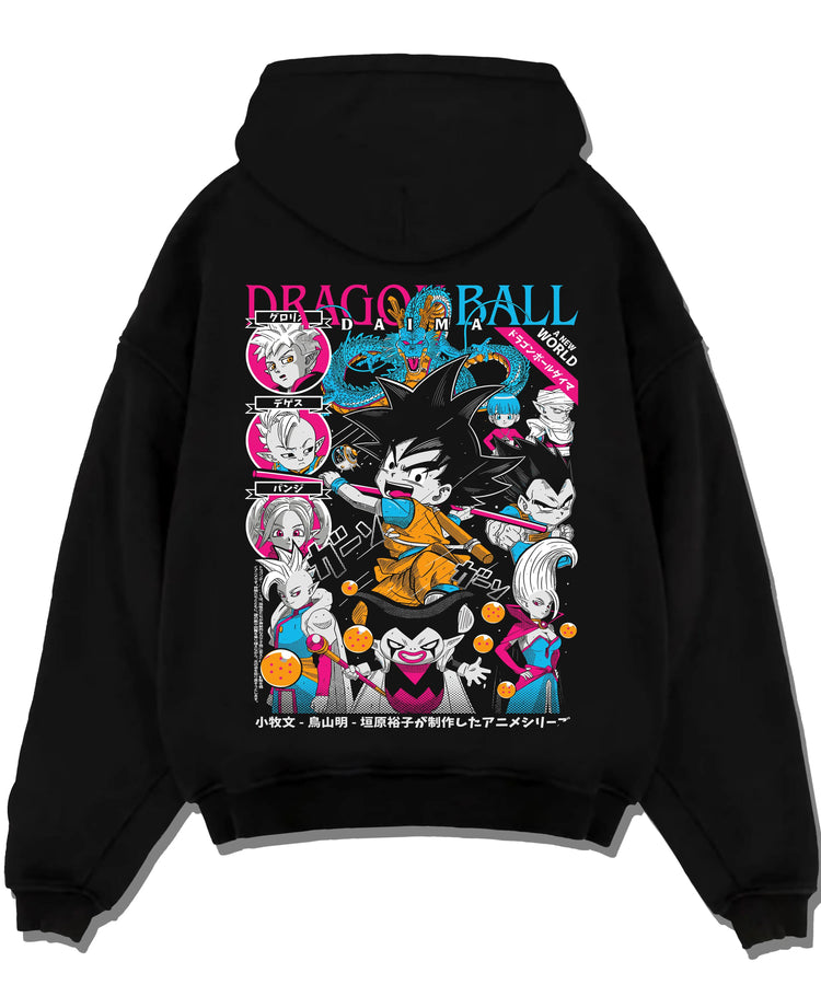 Black pullover hoodie laid flat with Frieza Ball Dragon Ball Z Hoodie Villain Anime Jumper graphic Frieza anime design.