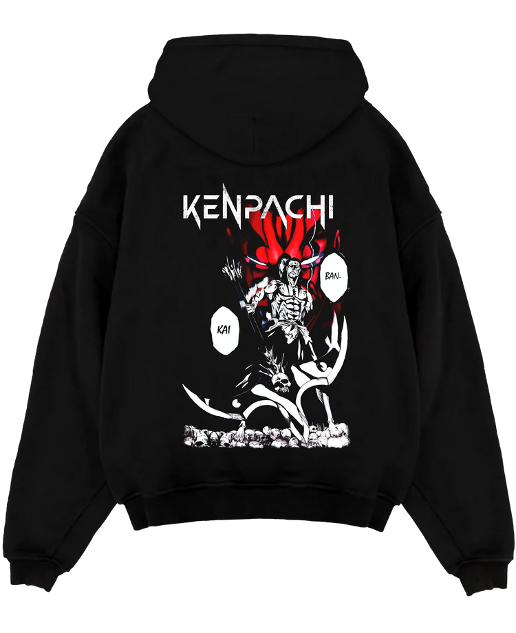 Black pullover hoodie laid flat on a white background, featuring Bleach Kenpachi Bankai anime poster inspired design with dark manga panel skull artwork.