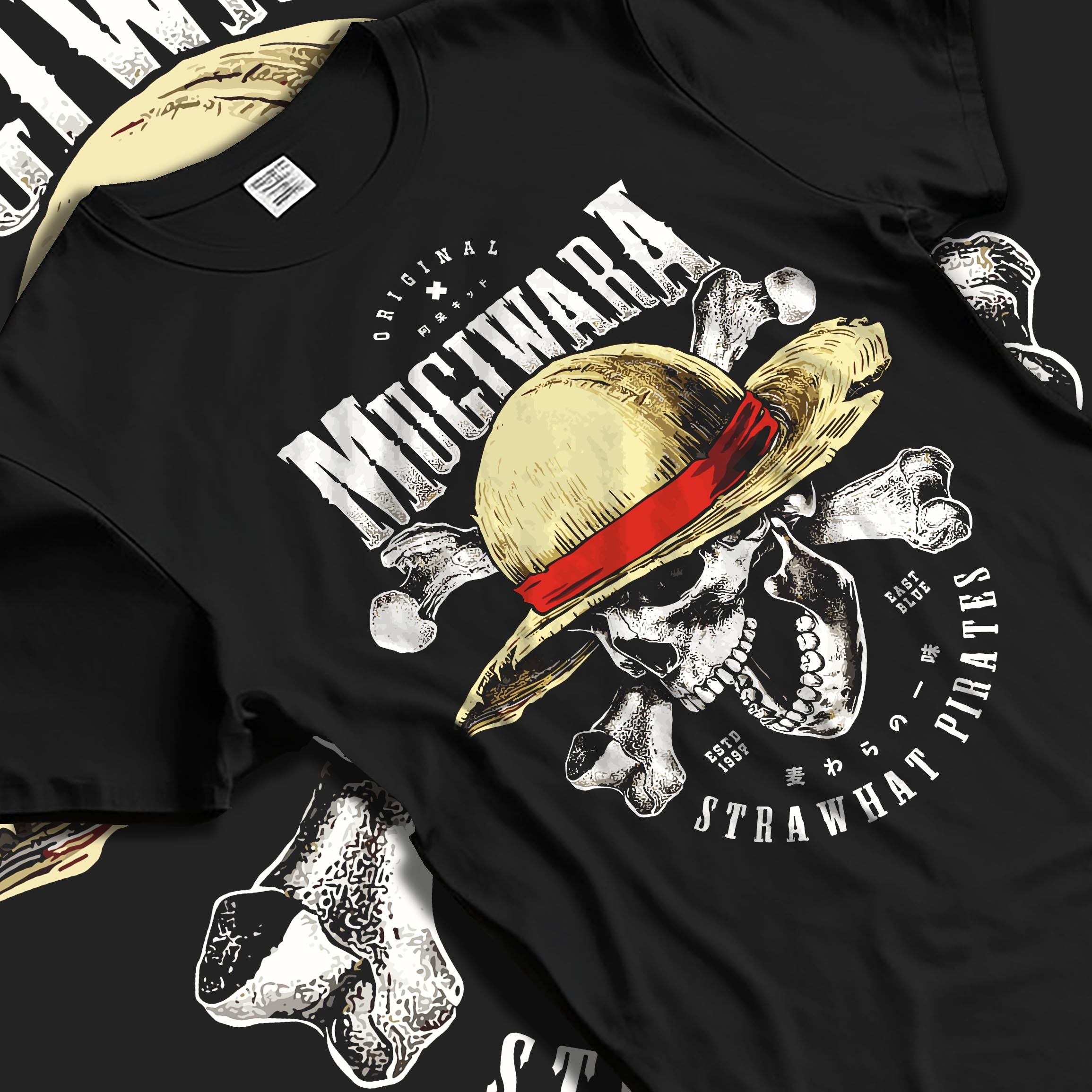Black T-shirt laid flat with natural fabric folds, featuring One Piece Straw Hat Pirates skull logo in retro manga graphic style with apocalyptic poster detail.