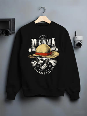 Black crewneck sweatshirt on a hanger against a grey wall, featuring One Piece Mugiwara Straw Hat Pirates skull design in anime poster inspired retro streetwear style.