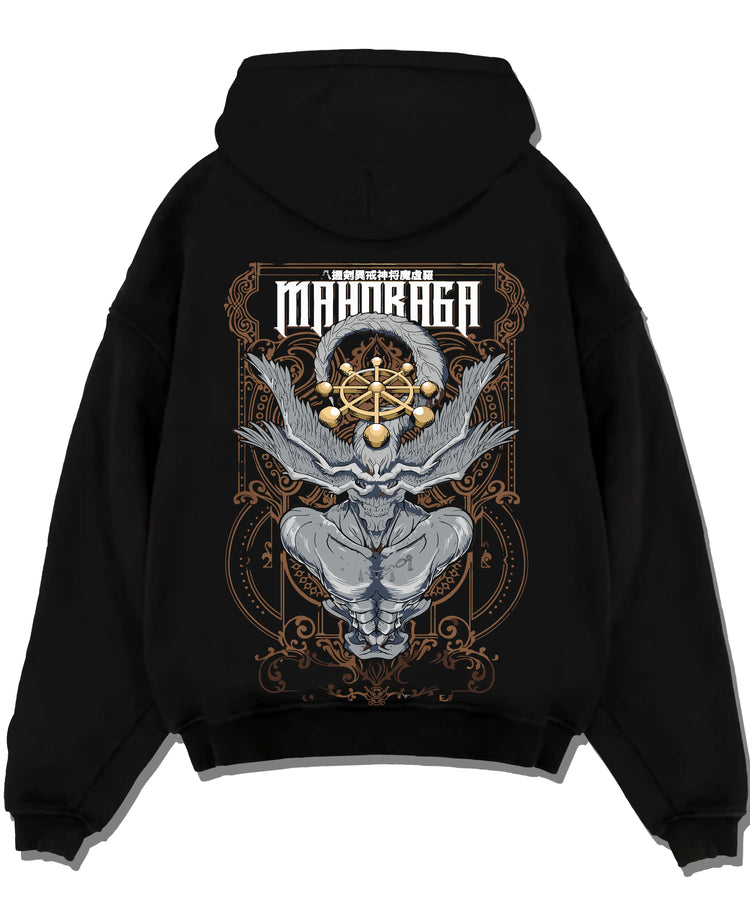Black pullover hoodie laid flat with Mahoraga Hoodie Jujutsu Kaisen Wheel of Fate graphic premium wear.