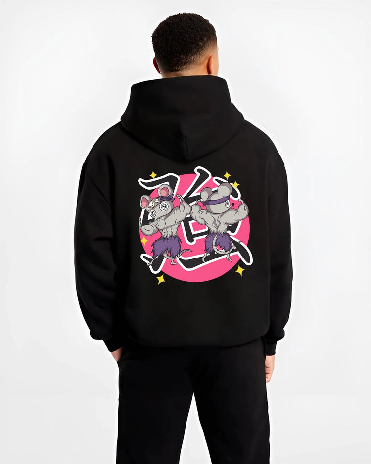 Black hoodie worn by male model, back view with Demon Slayer Hoodie Sound Hashira Tengen Ninja Mice graphic streetwear graphic.