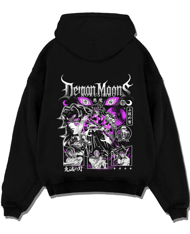 Black pullover hoodie laid flat with Kokushibo Hoodie Demon Slayer Upper Moon One graphic premium wear.