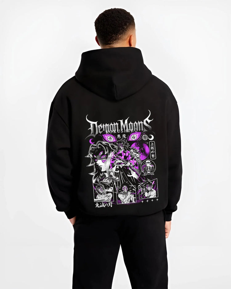 Black hoodie worn by male model, back view with Kokushibo Hoodie Demon Slayer Upper Moon One graphic premium wear.