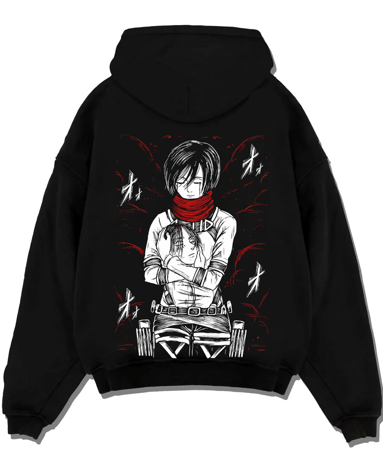 Black pullover hoodie laid flat with Mikasa Ackerman Hoodie Attack on Titan Winter Gear graphic bold anime graphic.