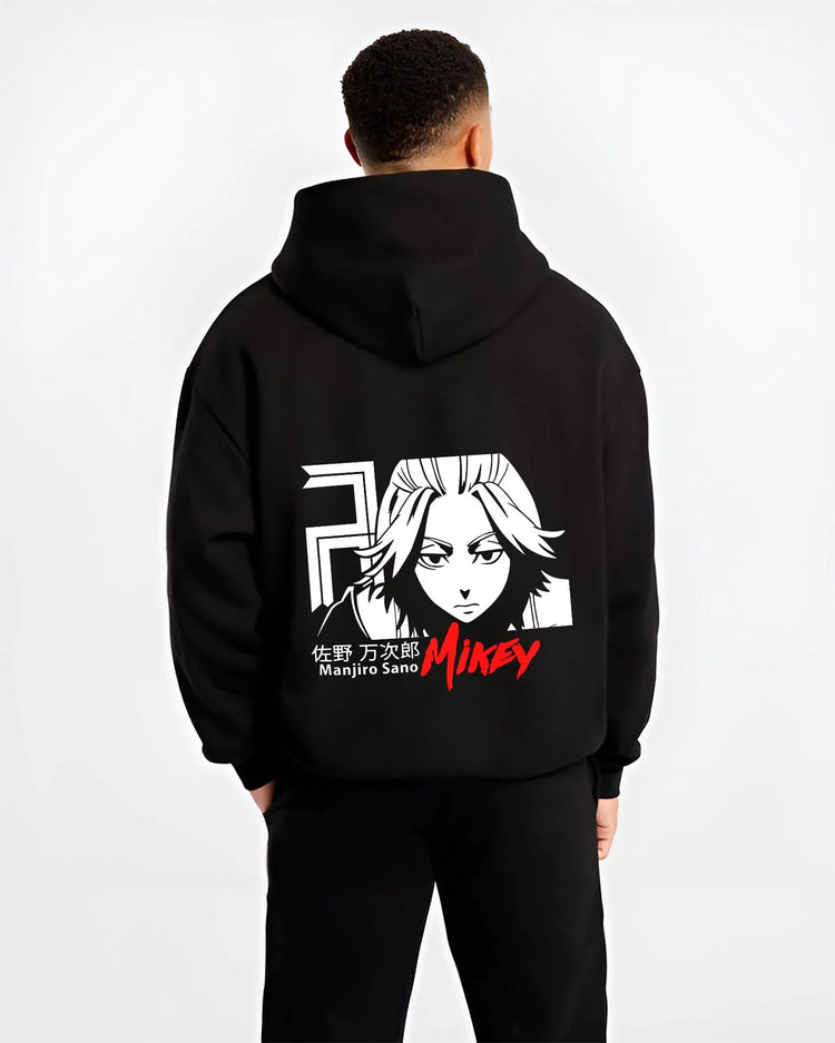 Black hoodie worn by male model, back view with Manjiro Sano Hoodie Tokyo Revengers Mikey Iconic graphic bold anime graphic.