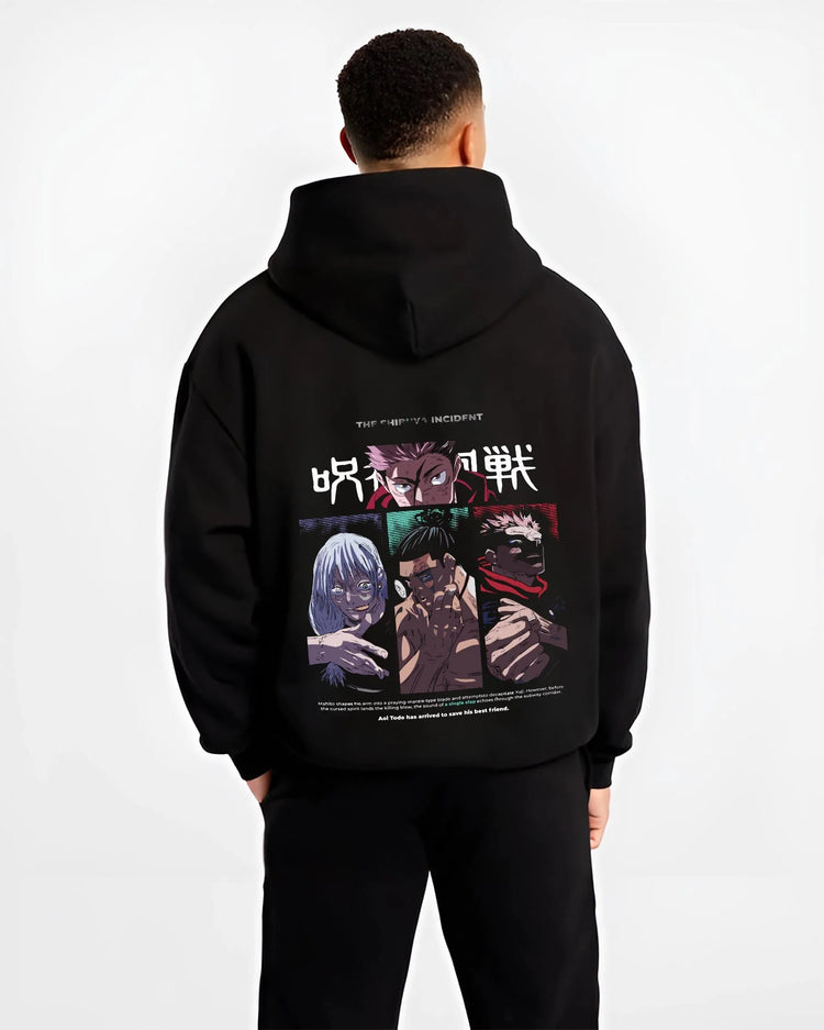 Black hoodie worn by male model, back view with Miwa Kasumi Hoodie Jujutsu Kaisen Sorcerer Team graphic streetwear graphic.