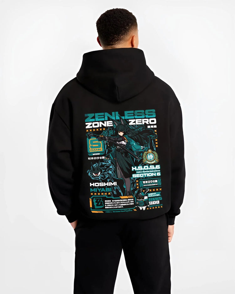 Black hoodie worn by male model, back view with Hoshimi Miyabi Hoodie Zenless Zone Zero Combat graphic streetwear graphic.