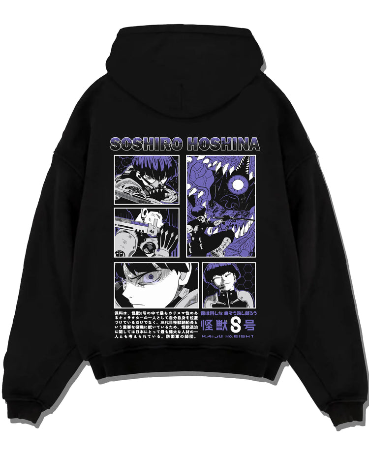Black pullover hoodie laid flat with Soshiro Hoshina Hoodie Kaiju No. 8 Battle Panel graphic bold anime graphic.