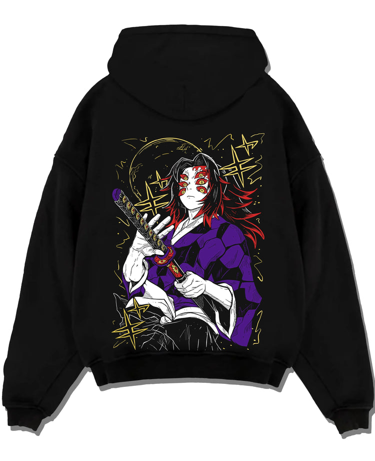 Black pullover hoodie laid flat with Kokushibo Hoodie Demon Slayer Blood Moon Blade graphic bold anime graphic.