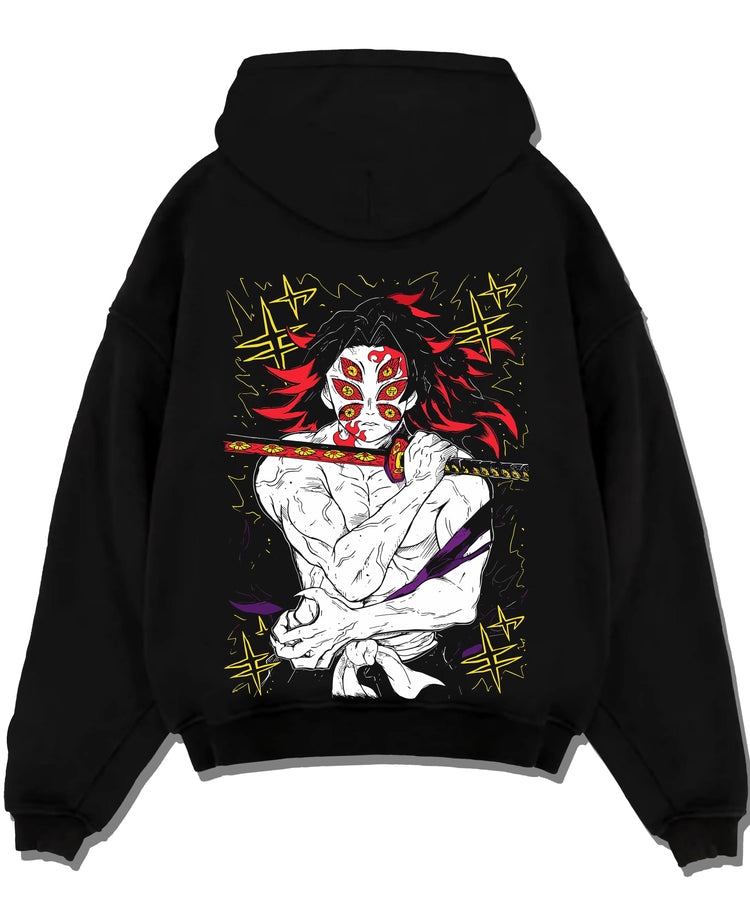 Black pullover hoodie laid flat with Kokushibo Hoodie Demon Slayer Crescent Marked graphic bold anime graphic.
