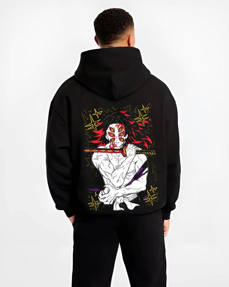 Black hoodie worn by male model, back view with Kokushibo Hoodie Demon Slayer Crescent Marked graphic premium wear.