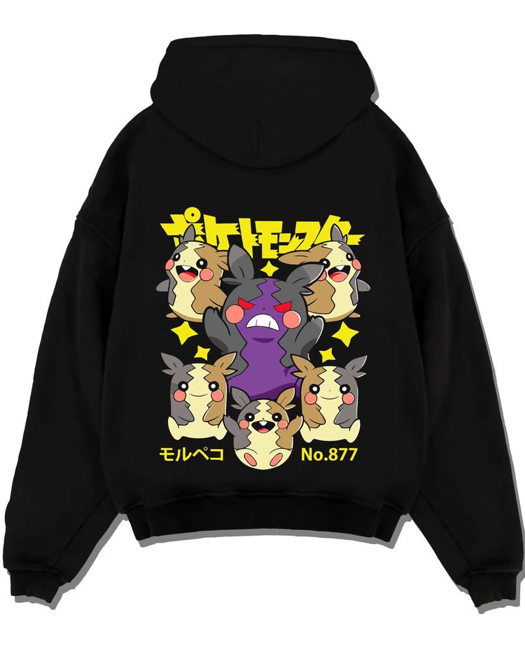 Black pullover hoodie laid flat with Morpeko Hoodie Pokémon Character Evolution graphic bold anime graphic.