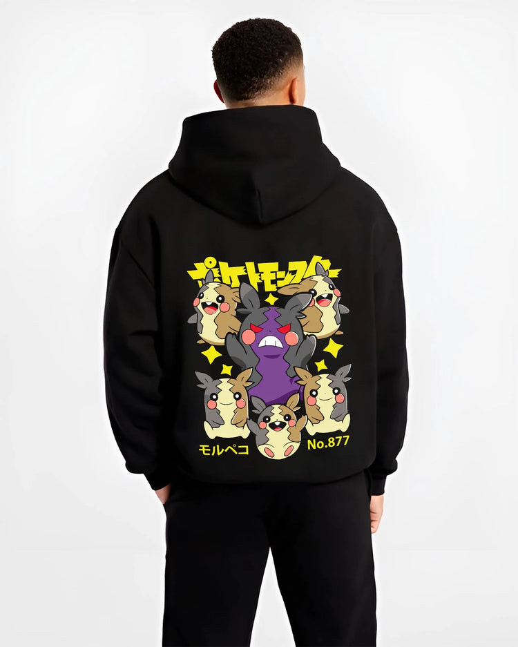 Black hoodie worn by male model, back view with Morpeko Hoodie Pokémon Character Evolution graphic premium wear.