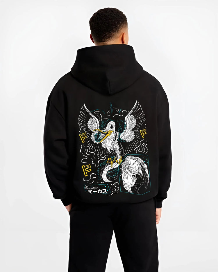 Black hoodie worn by male model, back view with Marcus Hoodie Saint Seiya Mythical Phoenix Armor graphic Marcus anime design.