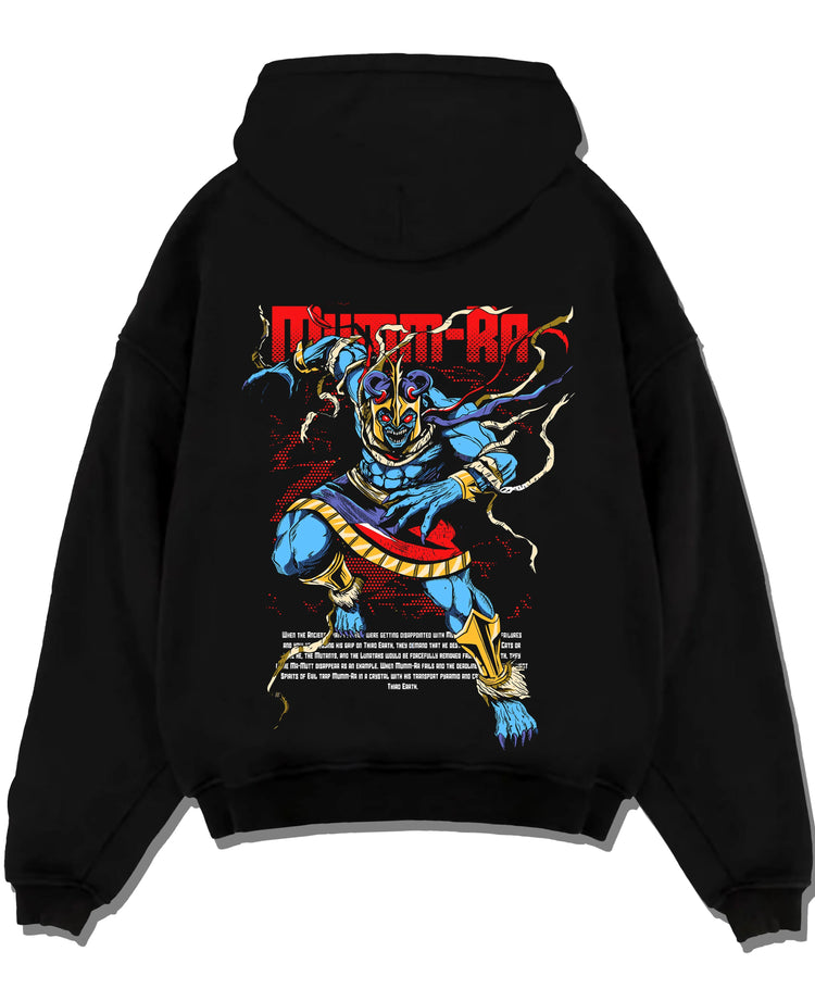 Black pullover hoodie laid flat with Mumm-Ra Hoodie Thundercats Ancient Evil Power graphic premium wear.