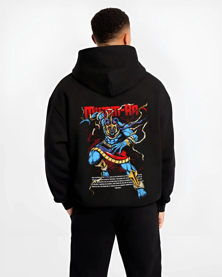 Black hoodie worn by male model, back view with Mumm-Ra Hoodie Thundercats Ancient Evil Power graphic bold anime graphic.