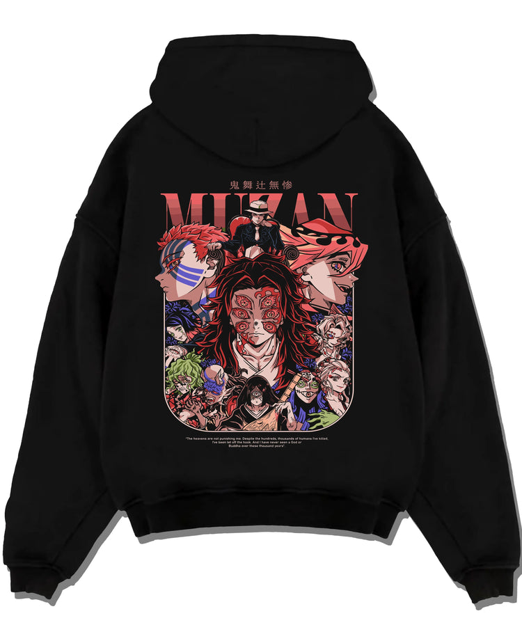 Black pullover hoodie laid flat with Muzan Kibutsuji Hoodie Demon Slayer Upper Moon Demon graphic streetwear graphic.