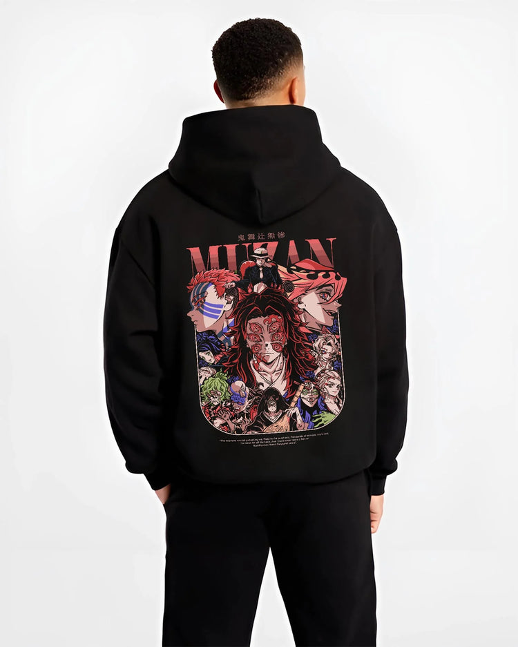 Black hoodie worn by male model, back view with Muzan Kibutsuji Hoodie Demon Slayer Upper Moon Demon graphic bold anime graphic.