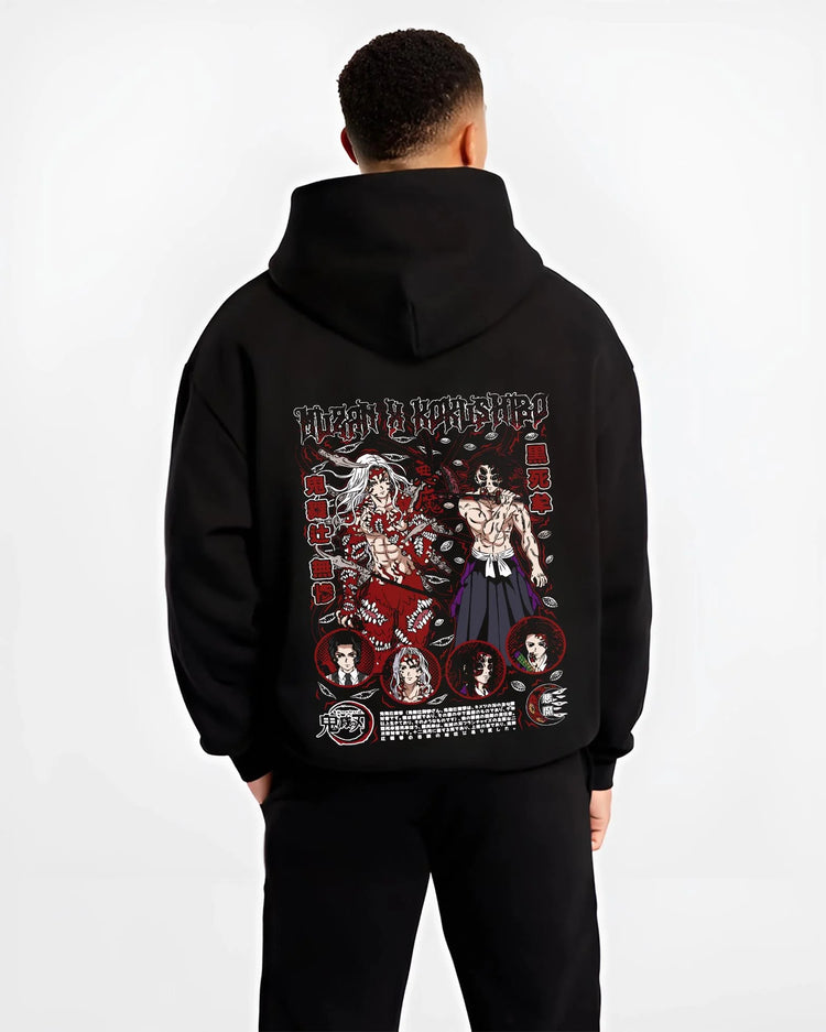 Black hoodie worn by male model, back view with Muzan Kibutsuji Hoodie Demon Slayer Throne Lord graphic premium wear.