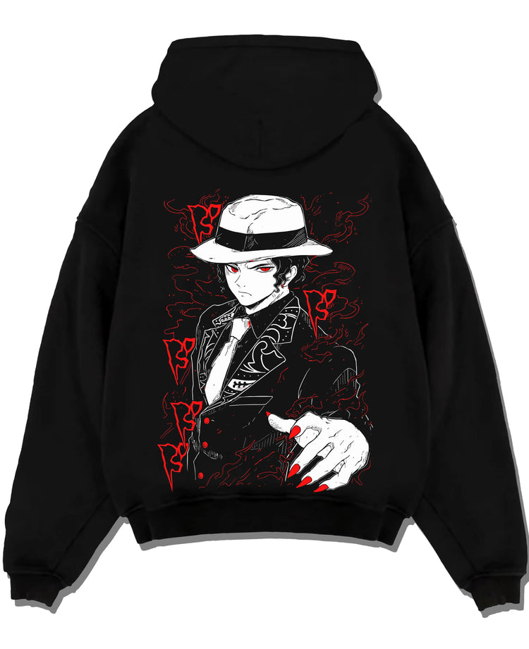 Black pullover hoodie laid flat with Muzan Kibutsuji Hoodie Demon Slayer Dark Suit graphic bold anime graphic.