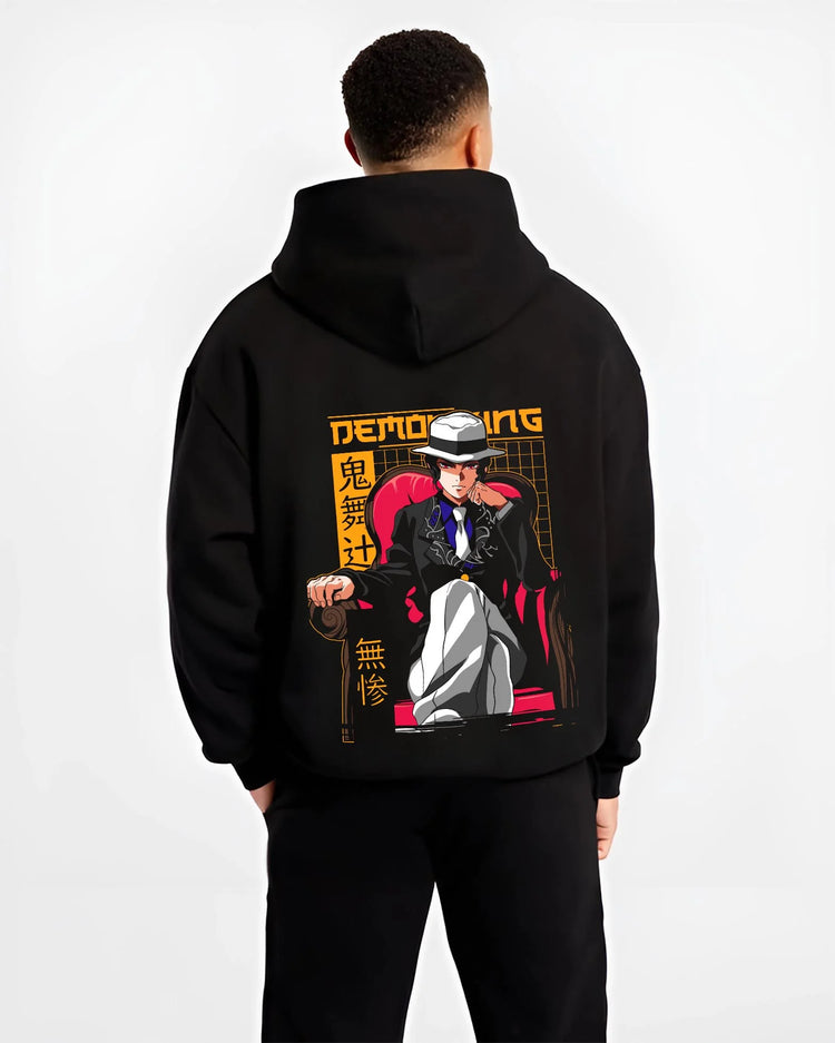 Black hoodie worn by male model, back view with Muzan Kibutsuji Hoodie Demon Slayer Portrait graphic premium wear.