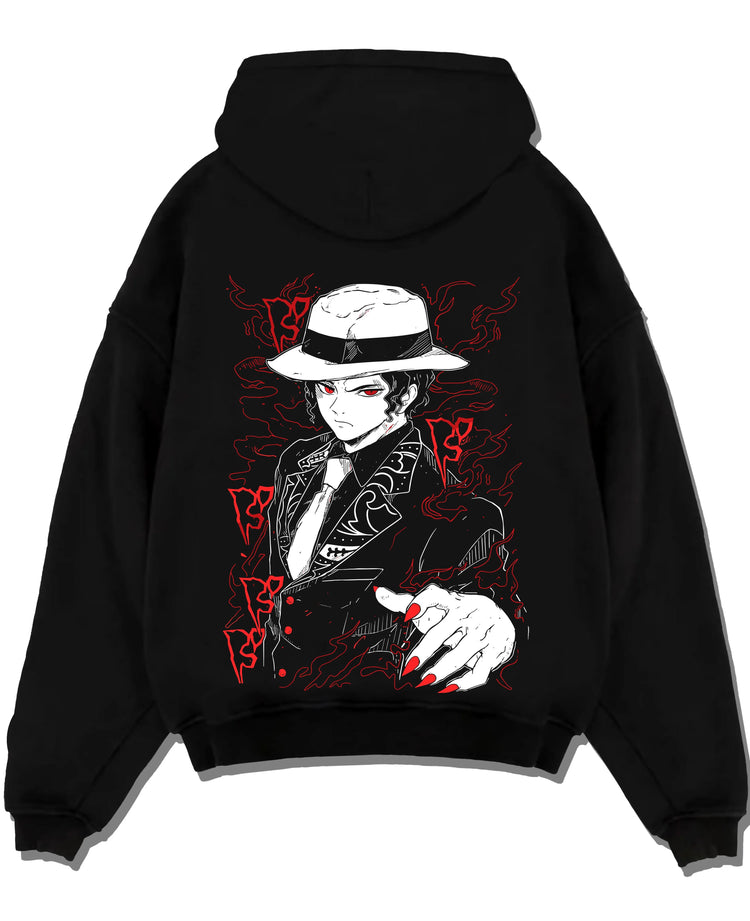 Black pullover hoodie laid flat with Muzan Kibutsuji Hoodie Demon Slayer Suit Design graphic bold anime graphic.