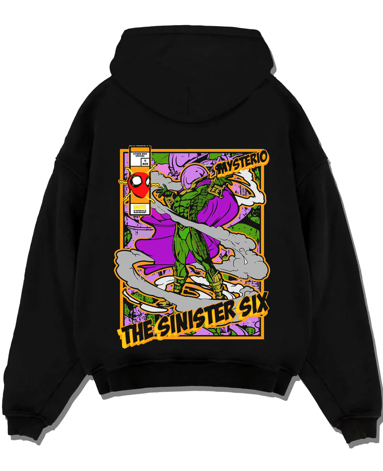 Black pullover hoodie laid flat with Mysterio Hoodie Marvel Sinister Six Villain graphic premium wear.