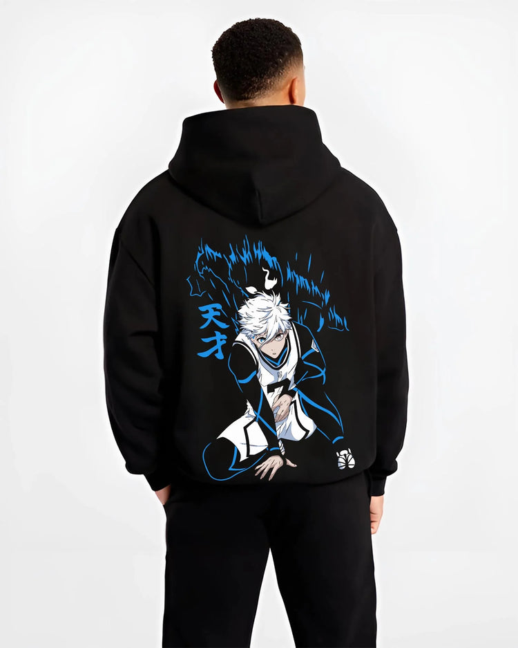 Black hoodie worn by male model, back view with Nagi Seishiro Hoodie Blue Lock Cool Striker Design graphic streetwear graphic.