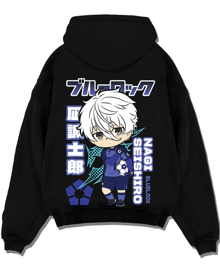 Black pullover hoodie laid flat with Nagi Seishiro Hoodie Blue Lock Striker Icon graphic bold anime graphic.