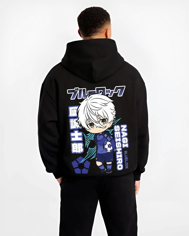 Black hoodie worn by male model, back view with Nagi Seishiro Hoodie Blue Lock Striker Icon graphic streetwear graphic.