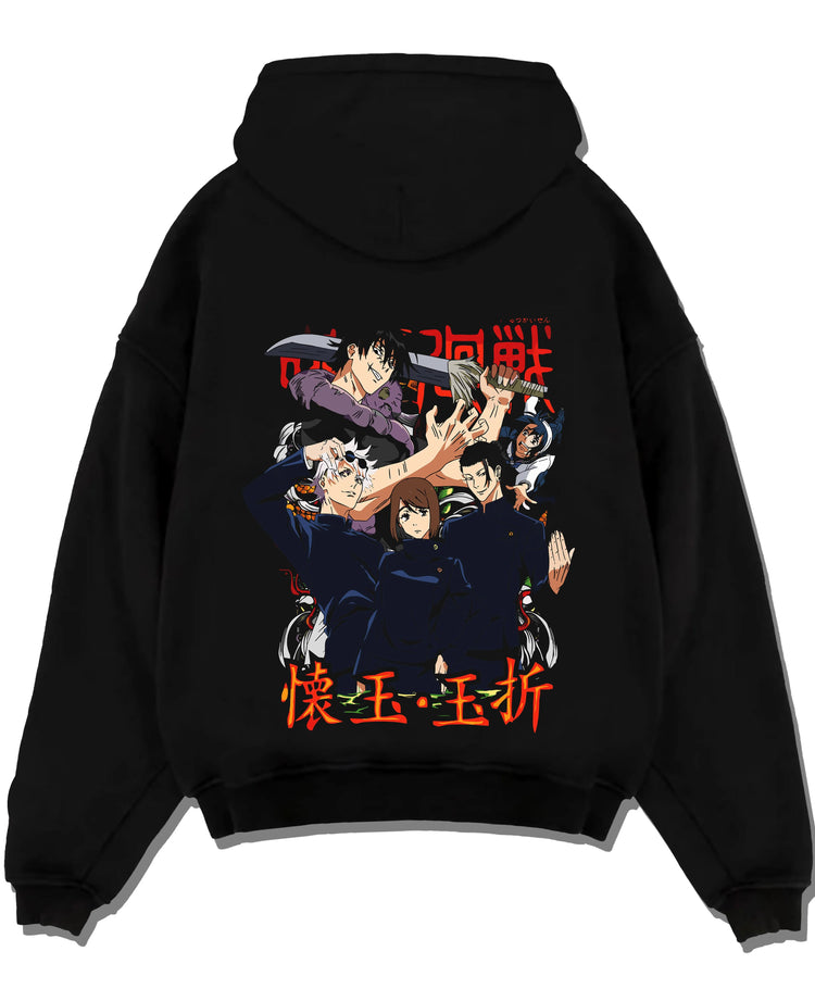 Black pullover hoodie laid flat with Kento Nanami Hoodie Jujutsu Kaisen Sorcerer graphic streetwear graphic.